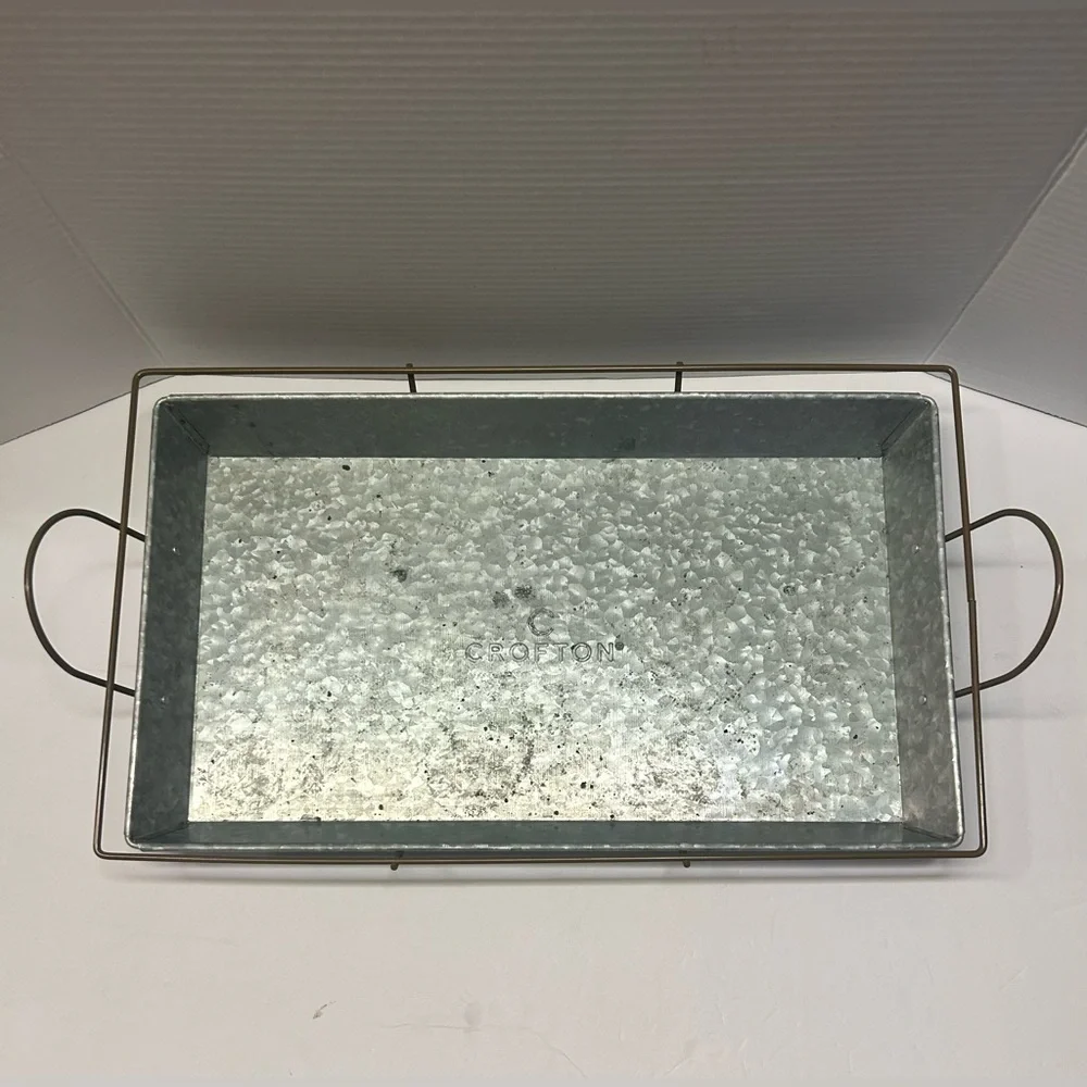Crofton Metal Serving Tray Metal Trim‎ With Handles 19.5”x11.5”x3”